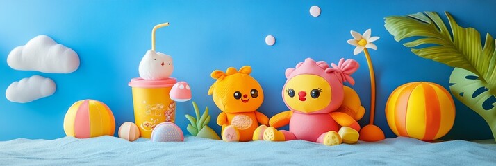 Bright and Playful Summer Scene With Colorful Plush Toys and a Refreshing Drink on a Blue Background