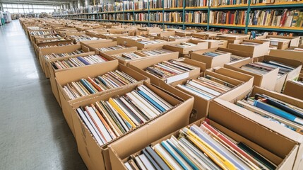 Obraz premium Books organized in cardboard boxes for efficient shipment in clean warehouse