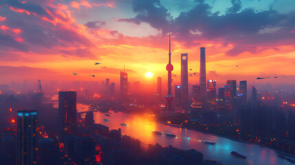 Fototapeta premium Shanghai sunset cityscape, aerial view, flying vehicles, vibrant sky, futuristic design