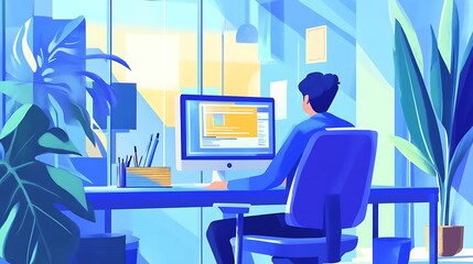 Developer working on website design and coding technologies, illustrating software development in an office environment