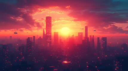 Futuristic city sunset, flying vehicles, vibrant sky, aerial view, sci-fi backdrop