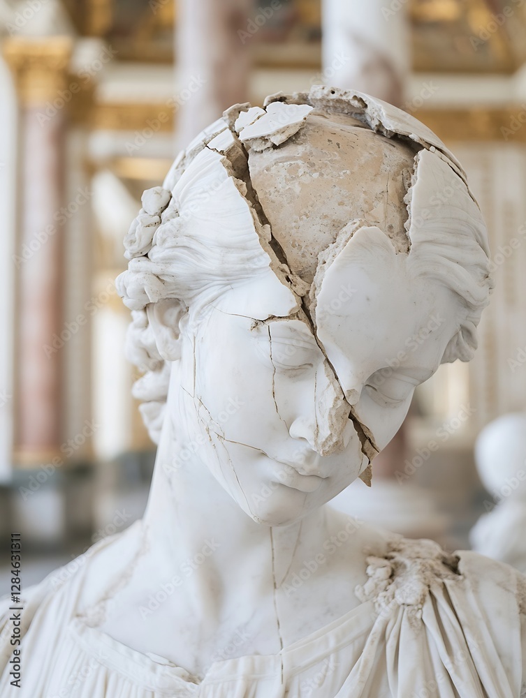 Poster artistic representation of a damaged marble statue with cracked features and rich history : generati