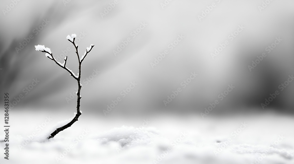 Poster A small branch covered in snow standing alone on a pristine snowy landscape in monochrome tones : Generative AI
