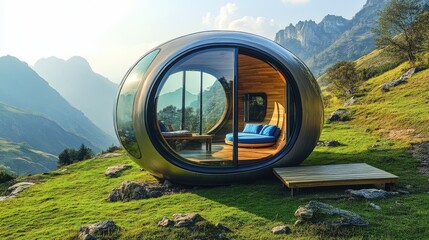 Circular eco-pod nestled on green plateau under clear midday skies