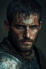 Obraz premium Close-up of a weathered warrior with intense eyes and dirt-covered face in a dramatic, medieval setting