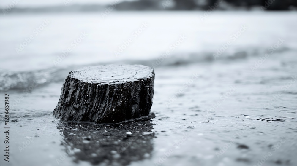 Poster A solitary wooden log partially submerged in calm water creating a serene natural scene : Generative AI
