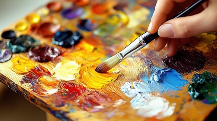 Obraz premium Vibrant colors on a wooden palette captured during an artist's creative process