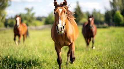Fototapeta premium Majestic horses running freely in a lush green field under a bright blue sky : Generative AI