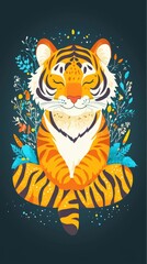 Serene Tiger in Floral Embrace A Peaceful Wildlife Illustration