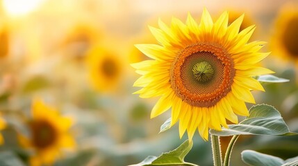 Fototapeta premium Swinging sunflower leaves under golden sunlight