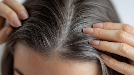 Fototapeta premium A woman with thinning hair gently massaging her scalp after using a hair thickening serum. Featuring hair health and nourishment
