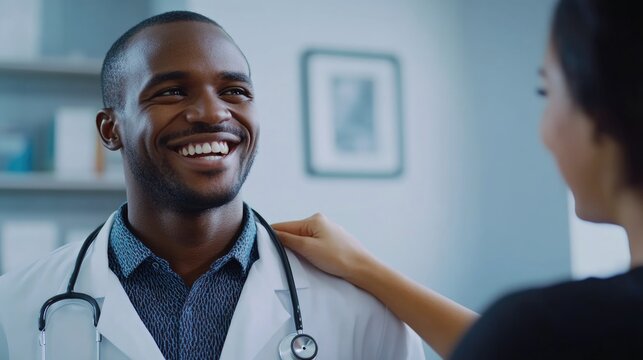 Doctor and patient in a cheerful conversation during medical consultation.