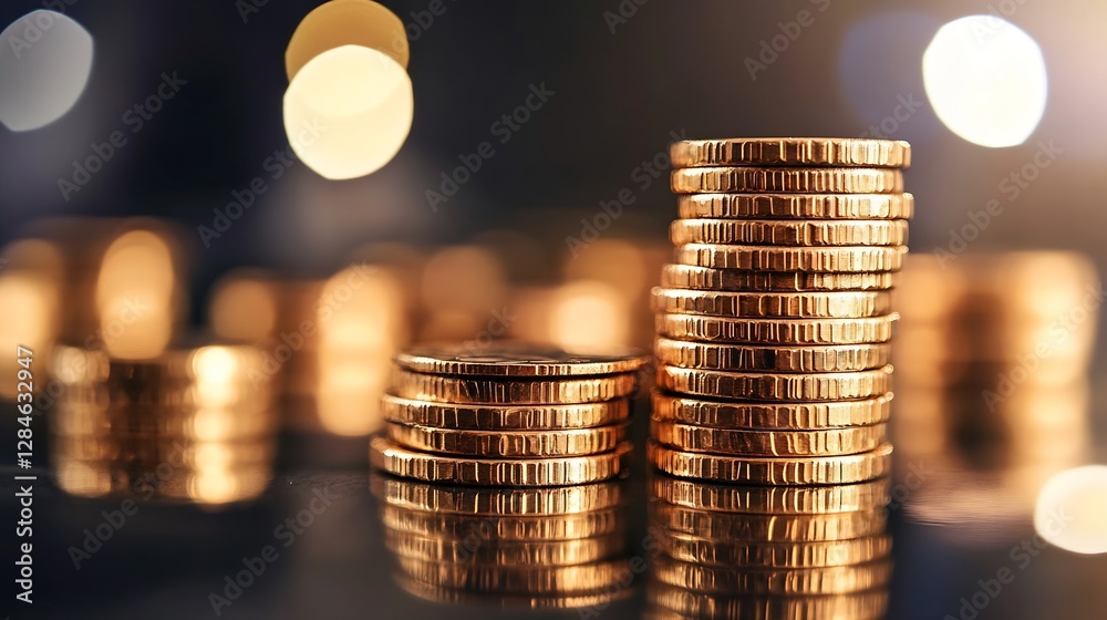 Fototapete glittering stacks of gold coins gleaming in soft light creating an elegant financial backdrop : gene