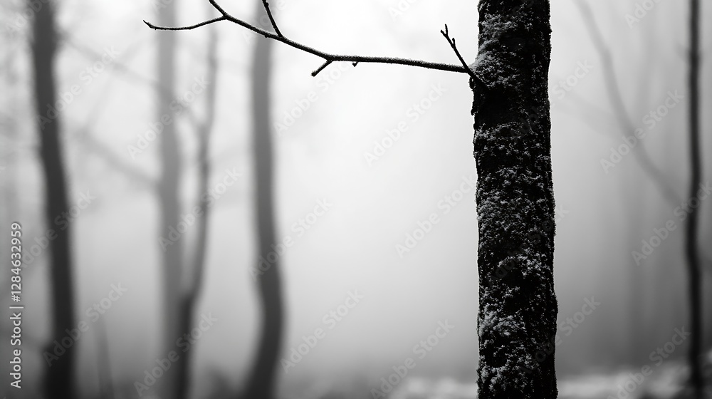 Poster mysterious and enigmatic black and white forest scene in foggy atmosphere : generative ai