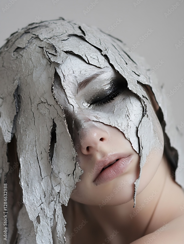 Poster artistic portrait of a woman with striking painted face and textured overlay capturing raw emotion :