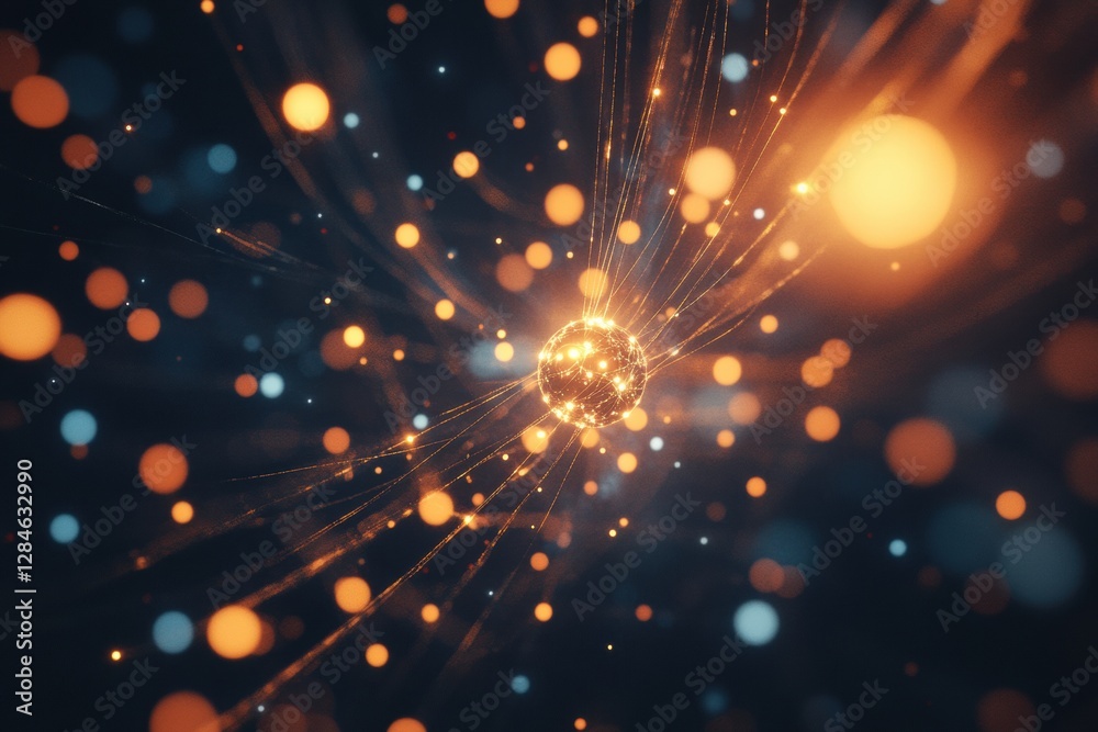 Aufkleber Scientific visualization captures gas molecules in motion with glowing atomic structures in an abstract space setting. Generative AI