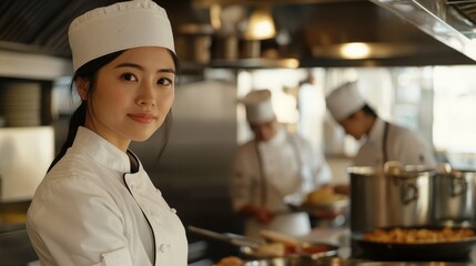 Portrait of a young female chef in a busy kitchen, showcasing her skills and dedication. The vibrant culinary environment captures her passion for cooking.