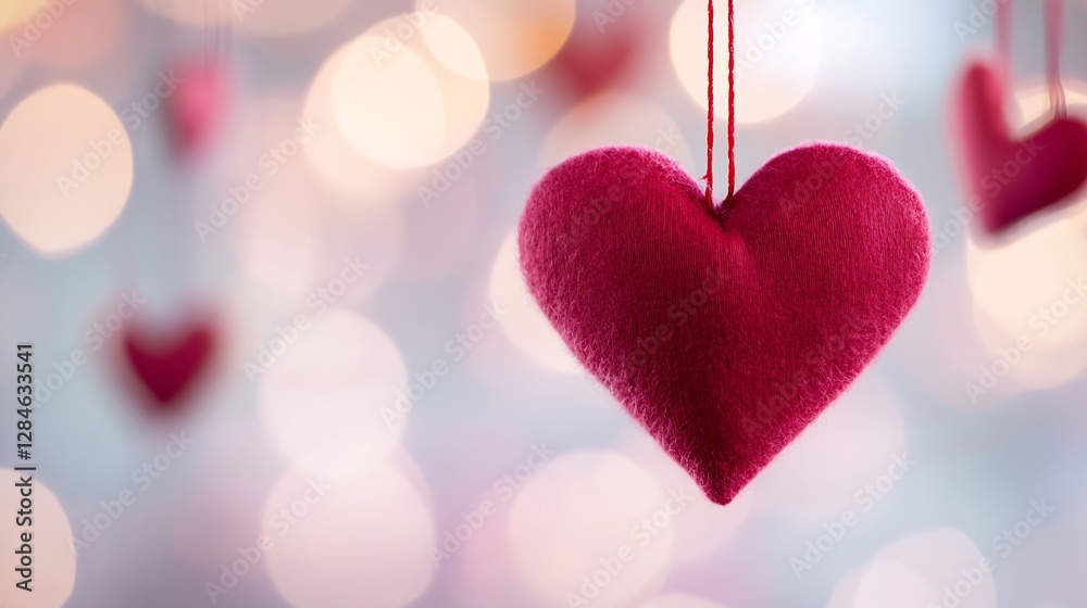 Poster Beautiful red heart decorations hanging against a soft bokeh background symbolizing love and affection : Generative AI