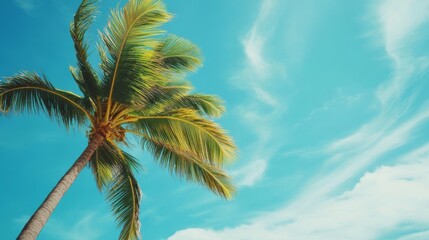 Tropical palm leaves swaying in the breeze on a sunny beach