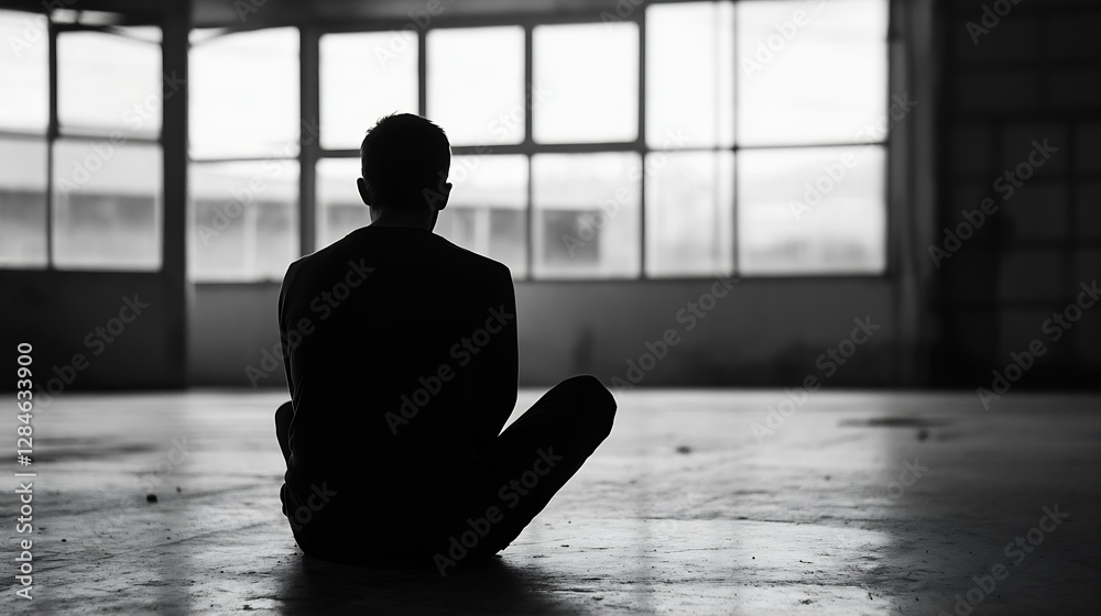 Poster silhouette of a man sitting alone in a spacious industrial room with large windows : generative ai