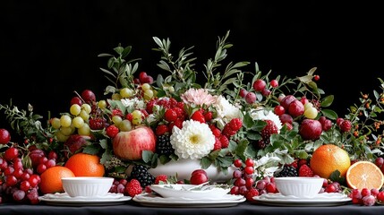 Fruits and flowers centerpiece on a table