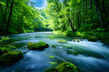 Serene River Flowing Through a Lush Forest, Creating a Calming Natural Haven