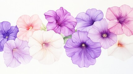 Delicate watercolor illustration captures the beauty of petunias in gentle shades of purple, pink, and white for an elegant floral display