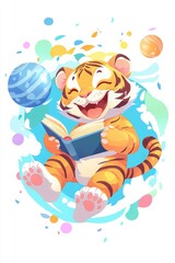 Joyful Tiger Cub Reading a Book Surrounded by Colorful Planets