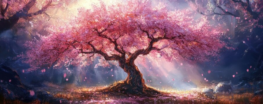 Enchanting cherry blossom tree in sunlit forest with falling petals
