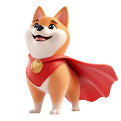 A Happy 3D Cartoon Dog Wearing a Red Cape and Gold Medal Isolated on Transparent Background