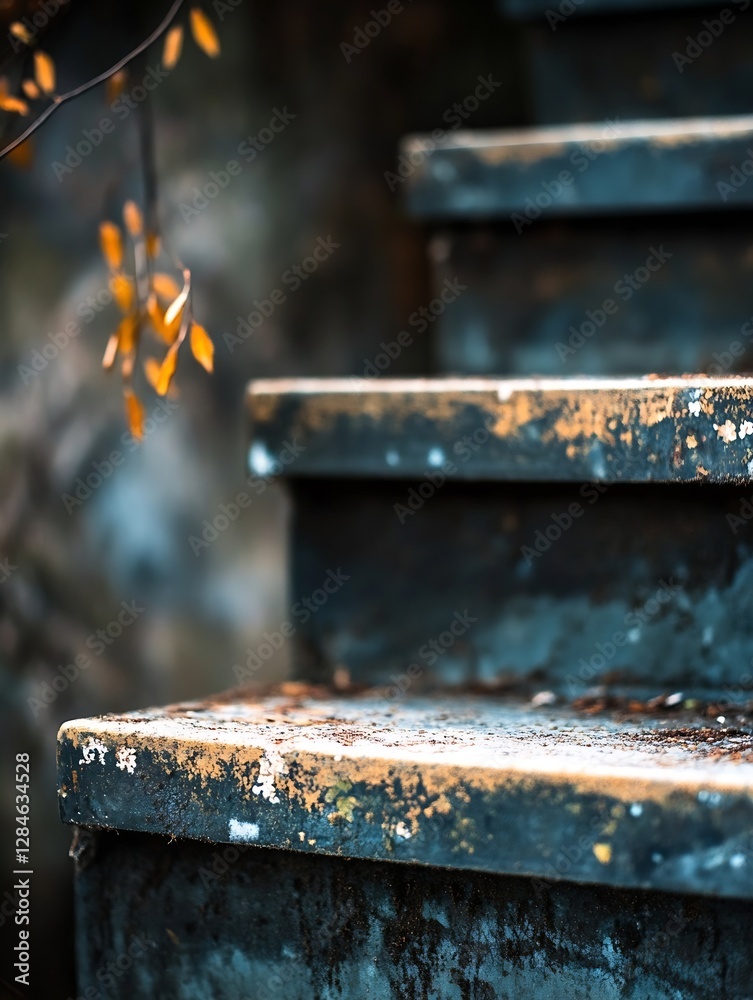 Aufkleber closeup view of old rusty steps covered in leaves and textures with a soft focus on background : gen