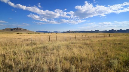 Obraz premium Expansive Grassland Landscape With Fences and Rolling Hills Under Blue Sky : Generative AI