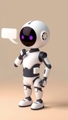 Cute 3D robot with a speech bubble against a purple background. Whimsical, friendly illustration perfect for technology, communication, or children's themes.