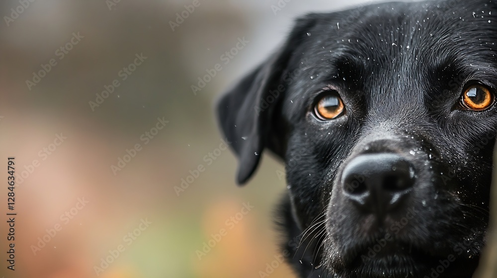 Poster close up portrait of a black labrador dog with expressive brown eyes and soft fur : generative ai