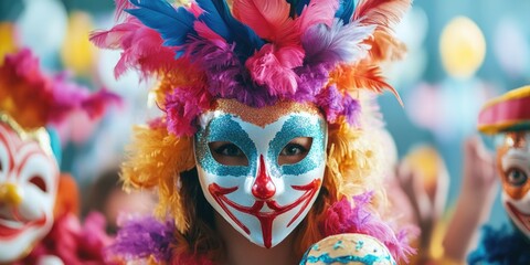 Obraz premium Lively stage act with multi-colored masks and vivid costumes, showcasing cheerful entertainment.