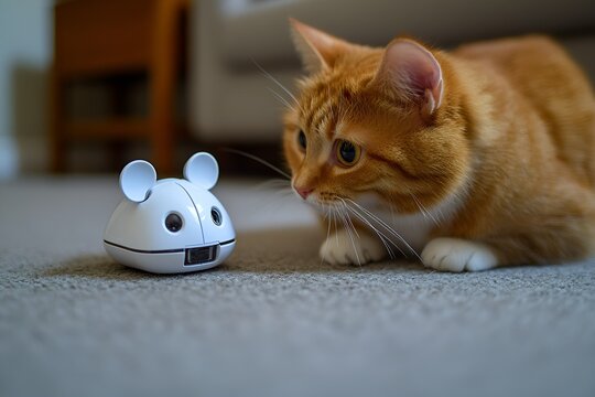 a ginger cat intently watching a robotic mouse toy on a soft carpet indoors

