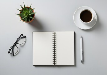 Minimalist Flat Lay with Spiral Notebook, Coffee Cup, Eyeglasses, and Succulent Plant on Light Gray Surface – Clean and Serene Style
