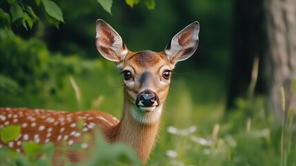 Beautiful closeup of a young deer in lush green foliage with soft focus on a sunny day : Generative AI