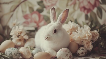 White rabbit surrounded by colorful Easter eggs and flowers in a spring setting