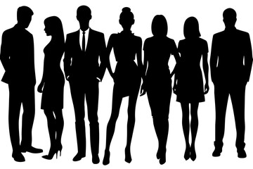 Vector silhouettes of men and a women, a group of standing business people, profile, black color isolated on white background