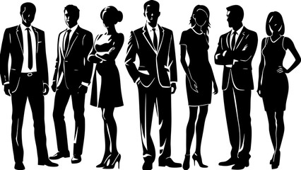 Vector silhouettes of men and a women, a group of standing business people, profile, black color isolated on white background