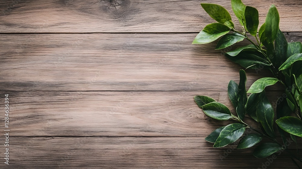 Aufkleber fresh lush green leaves against a rustic wooden background creating a natural serene atmosphere : ge