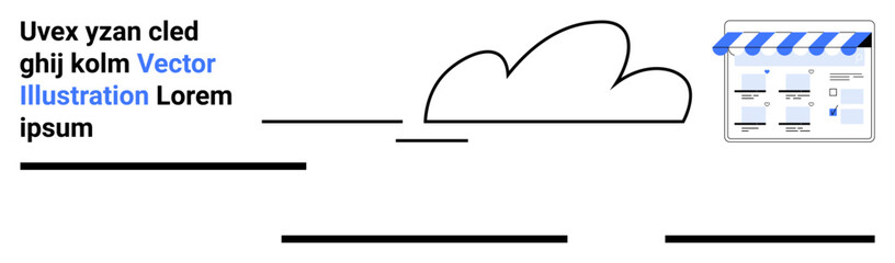 Cloud icon connected to an online storefront with a blue awning, showcasing a website interface. Ideal for E-commerce, Web development, Cloud computing, Online business, Digital marketing, Modern