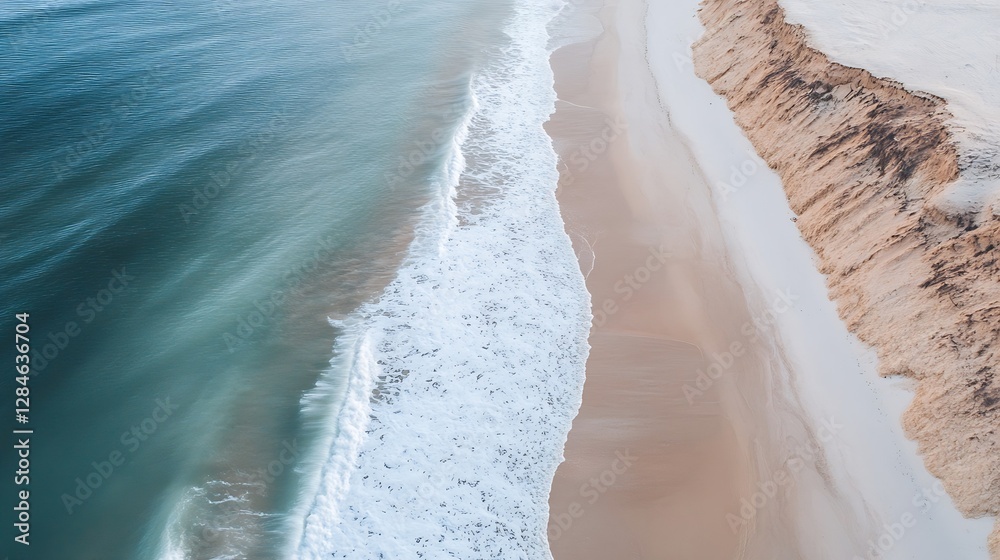 Poster aerial shot of a pristine beach with soft waves gently caressing the shore and golden sand : generat