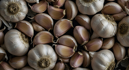 A detailed photograph showcasing a collection of fresh garlic bulbs and individual cloves, highlighting their natural textures and colors against a dark background