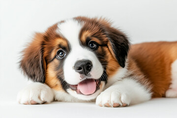  A cheerful Saint Bernard puppy with fluffy fur lying on a white background.