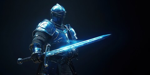 Shining knight clad in blue armor holds a glowing sword in a dramatic dark setting at night