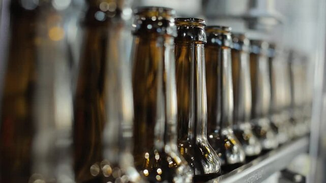 beer bottles on the assembly line in a modern brewery