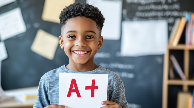 A happy young student proudly holding up a paper with an A+ grade in a bright classroom setting.
