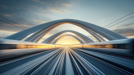 High-speed train in motion under an arched bridge at sunset with vibrant reflections
